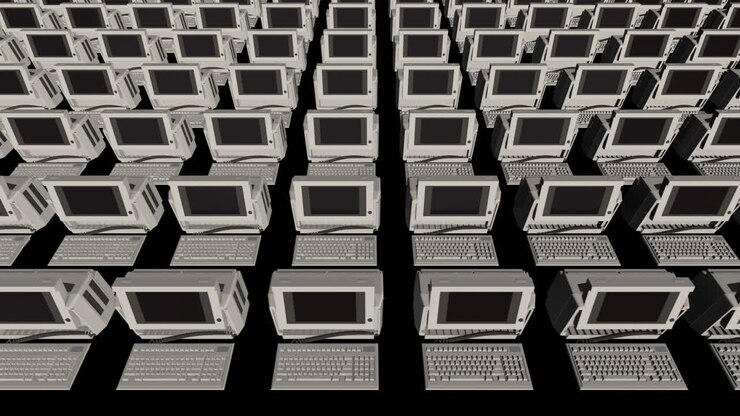 Symmetrische oneindige rijen desktopcomputers uit de jaren '80 - 3D-animatie
