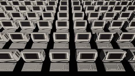 symmetrical infinite rows of 1980s desktop computers - 3d animation