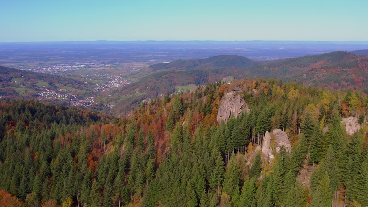 Aerial view of a the shelter hut Herta Hütte on the rocks Brockenfelsen, Falkenfelsen in the Black Forest region Bühlertal on a colorful autumn day.