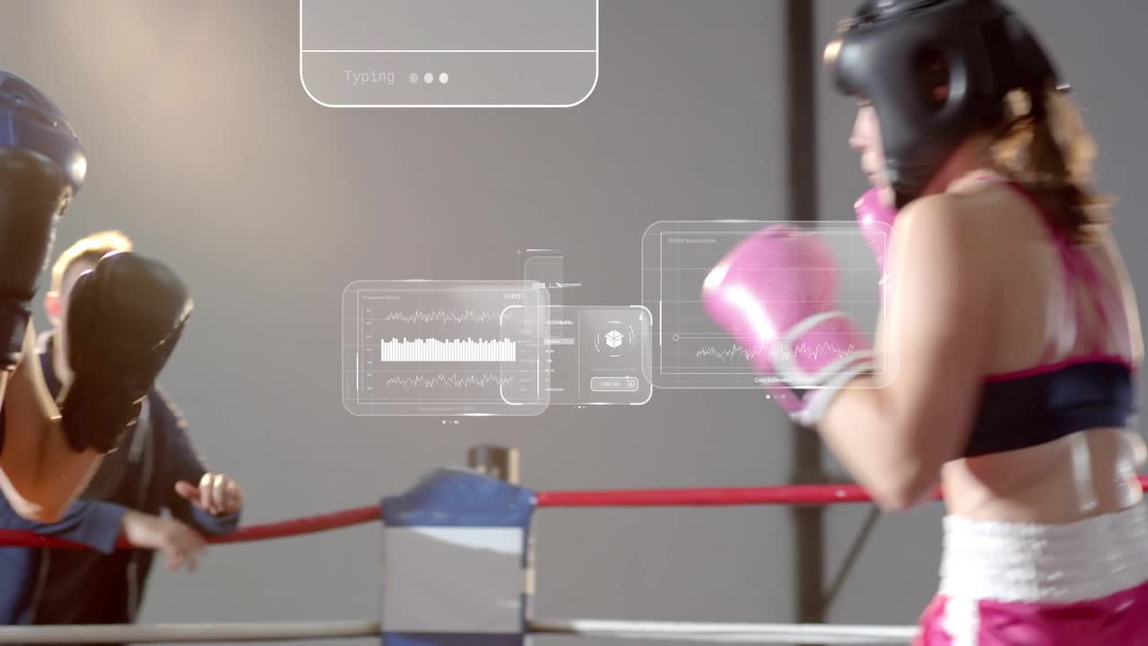 Two boxers sparring in ring, left boxer stepping in throwing jabs, HUD overlay floating over both
