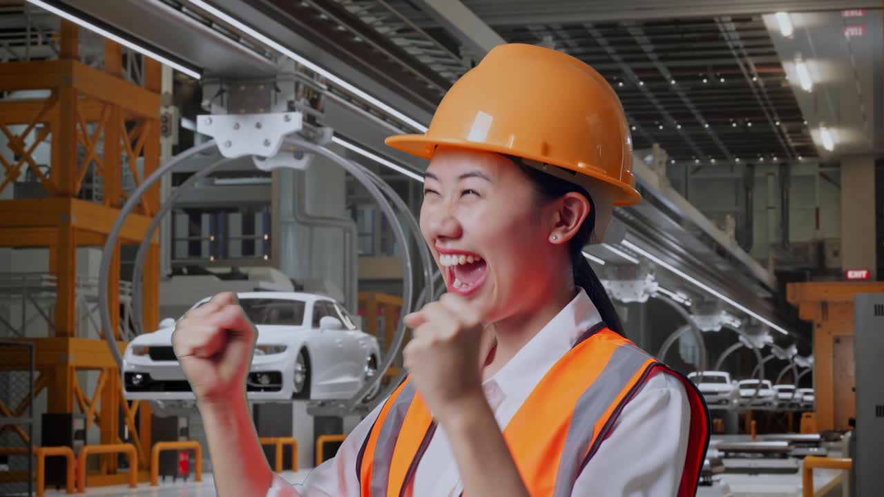 안전 헬을 착용한 아시아 여성 엔지니어가 ev 자동차 공장에서 일하는 것을 축하하는 목표를 외치고 있습니다.