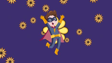 Animation-of-illustration-of-happy-boy-in-superhero-costume-over-yellow-flowers-on-purple-background