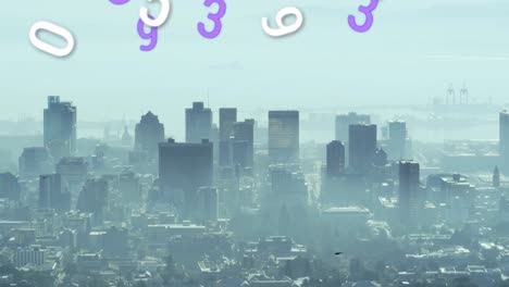 Animation-of-multiple-changing-numbers-floating-against-aerial-view-of-cityscape