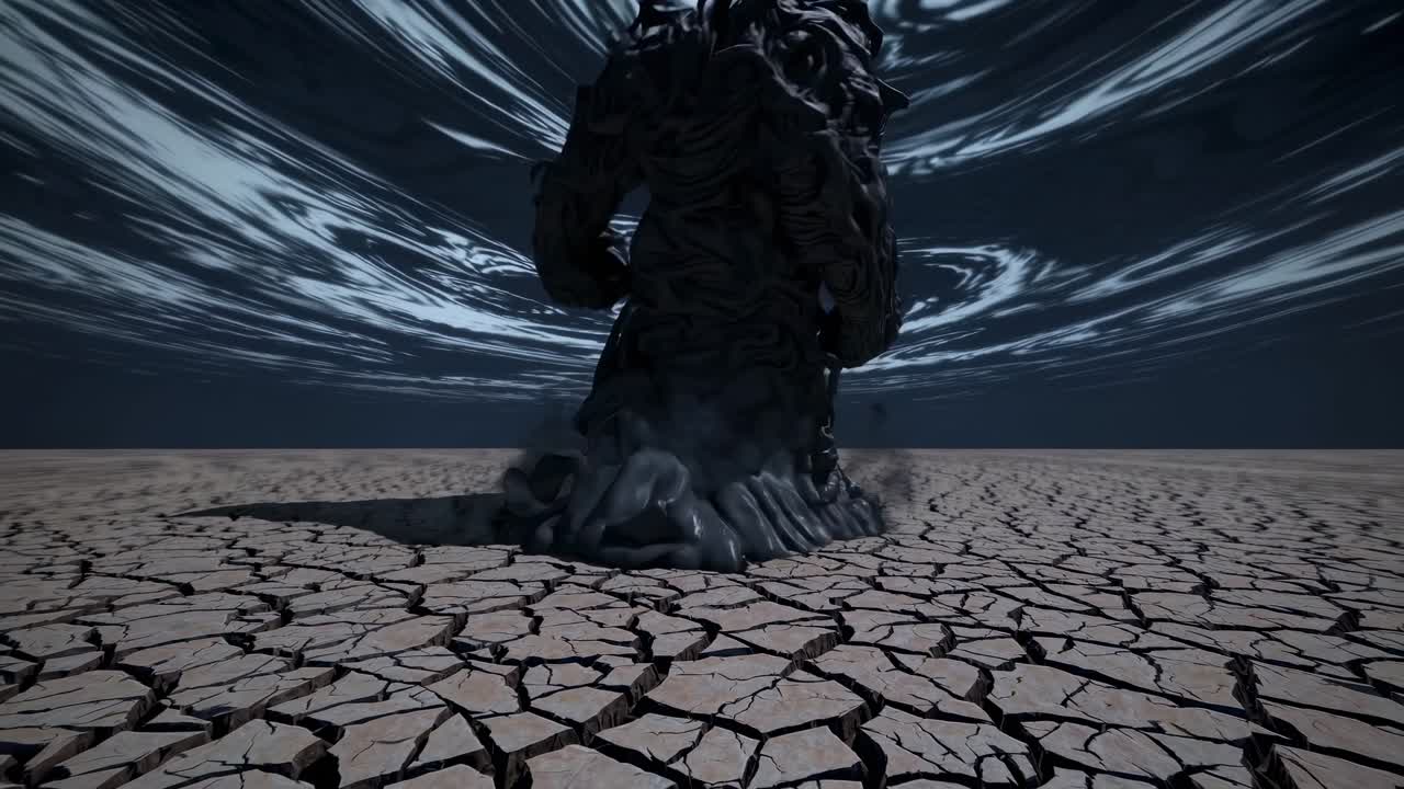 Dark monstrous creature emerging from parched. Cracked desert ground under swirling menacing clouds. Embodying apocalyptic desolation and ominous supernatural transformation with intense visual drama