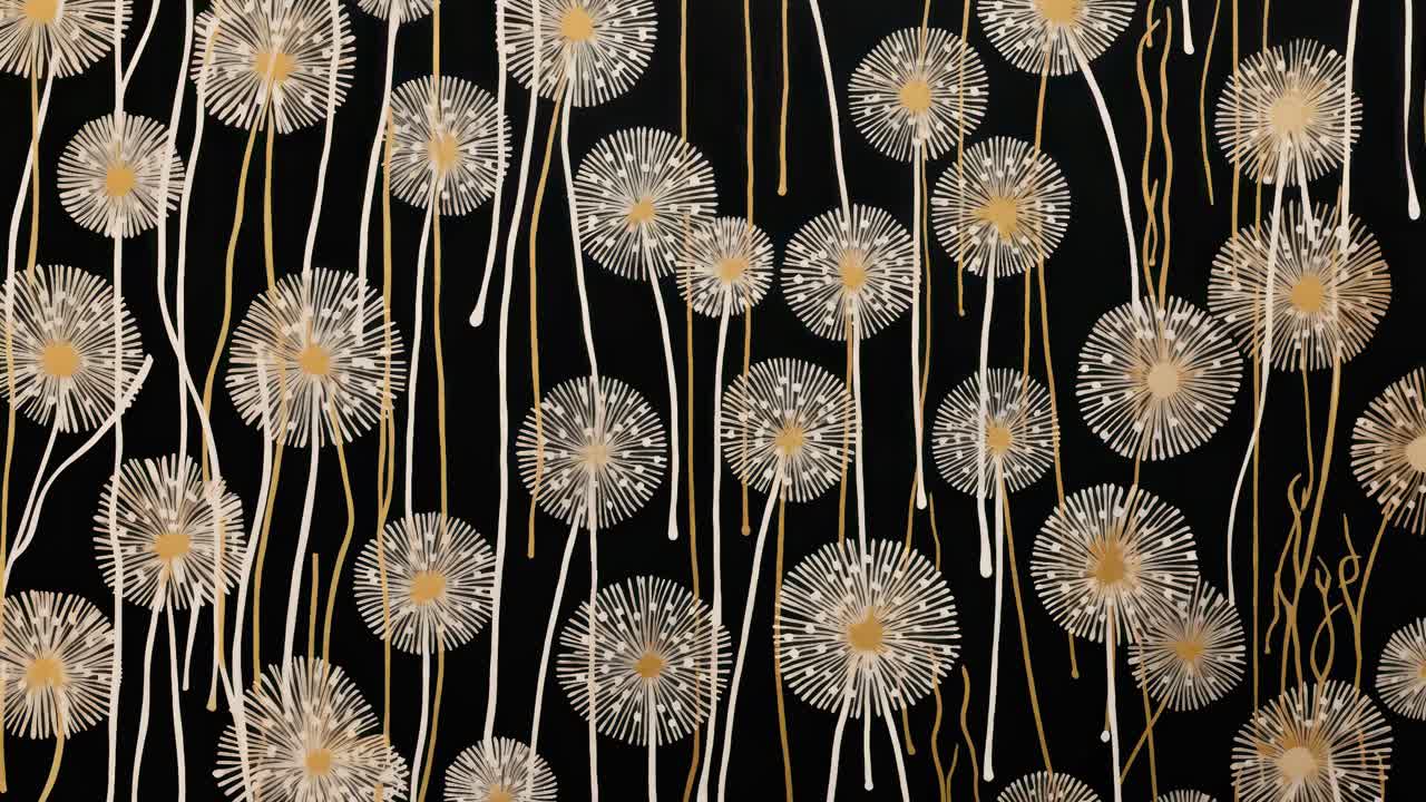 Abstract video art with a top-down angle, featuring dandelion-like shapes in white and gold