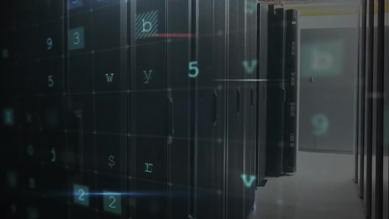 animación del procesamiento de datos de seguridad cibernética contra la sala de servidores de computadoras.