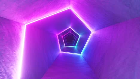 vuelo sin fin en el corredor con una curva de neón láser. iluminación ultravioleta moderna. espectro de luz púrpura azul. bucle sin costuras 3d render