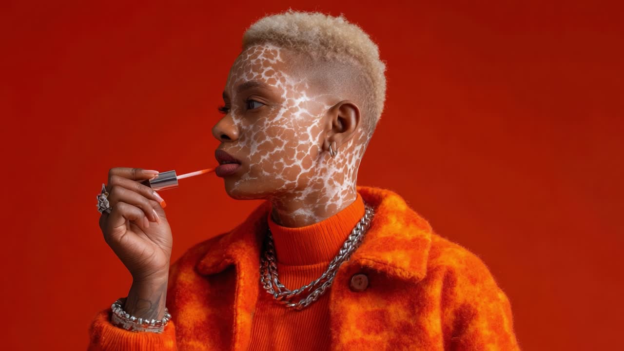 Striking Portrait of a Person Applying Lipstick with Unique Patterned Face in Vibrant Orange Attire, Displaying Bold Fashion Choices and Artistic Expression