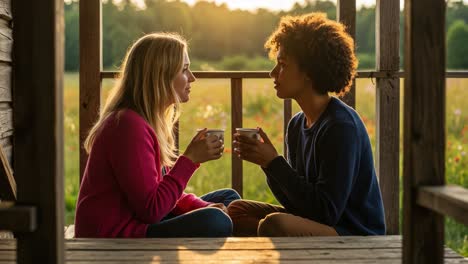 two women sharing a peaceful conversation on a rustic porch at golden hour