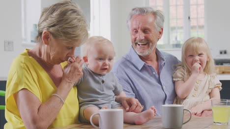 grandparents looking after laughing granddaughter and baby grandson sitting at kitchen table