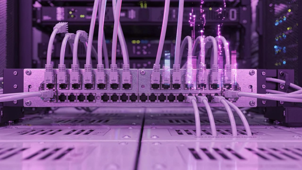 A visually captivating view of a server rack showcasing intricate connections, illuminated by vibrant purple hues, highlighting the essential network cable infrastructure.