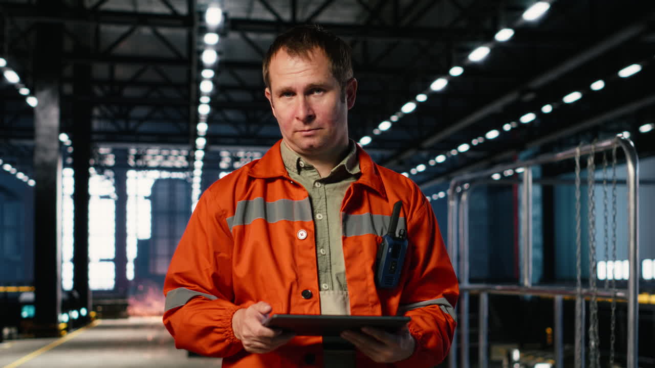 Supervisor in uniform inspecting steel equipment on the factory floor
