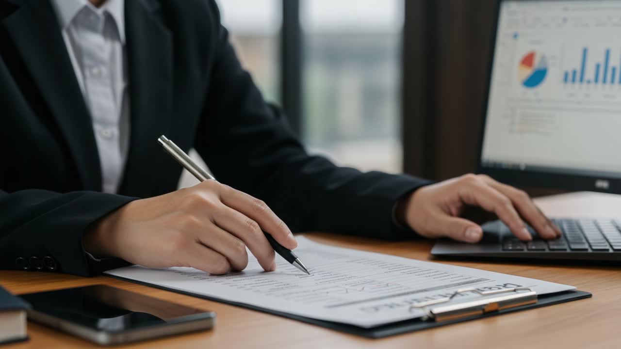 A Professional in a Business Suit Engaging in Document Review and Data Analysis with Laptop and Reports on Desk in Modern Office Setting