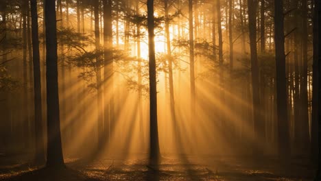 a breathtaking display of sunlight filtering through a dense forest, illuminating the trees with golden rays and creating a serene, magical atmosphere in nature's embrace
