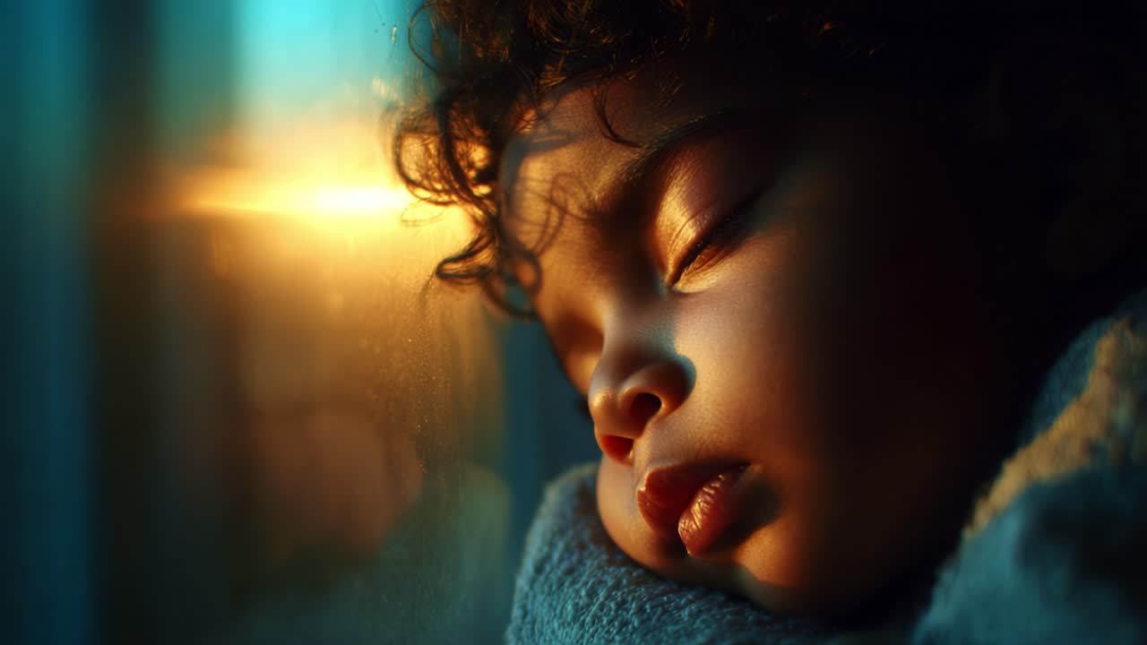 A peaceful child sleeps soundly by the window as warm sunlight gently filters through, creating a serene atmosphere that highlights innocence and tranquility in this tender moment