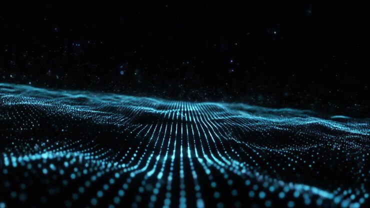 Onda digitale astratta di particelle blu luminose
