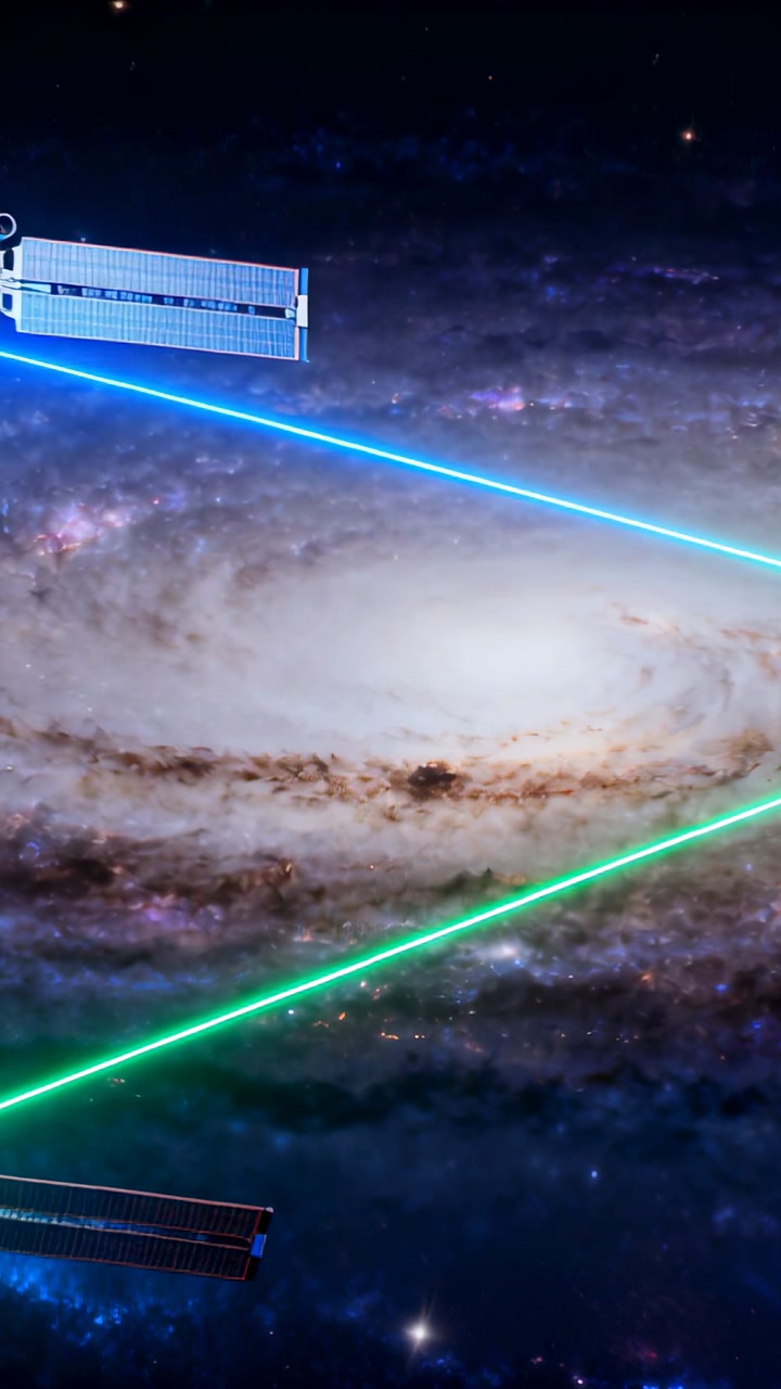 Vertical video: Panning camera solar panels sliding left of galaxy blue green beams, copy space