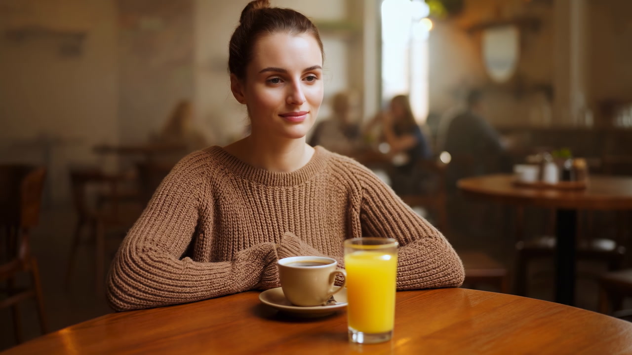 Cozy Cafe Morning With White Woman In Chunky Sweater Seated At Wooden Table, Cup Of Coffee And Glass Of Orange