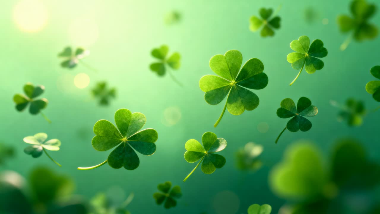 Lens glow appearing upper-left, drifting 4-leaf clovers moving forward and rotating in macro bokeh