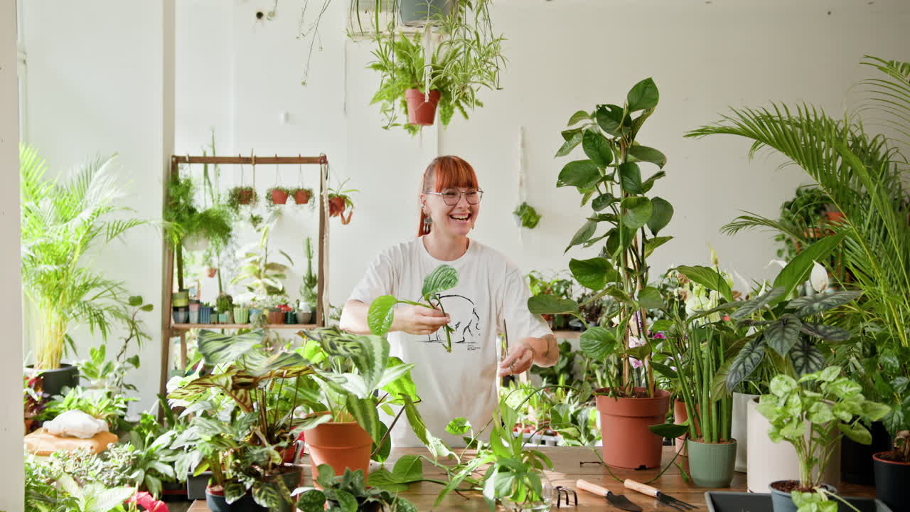 편안 한 온실 에서 식물 을 돌보는 행복 한 여자