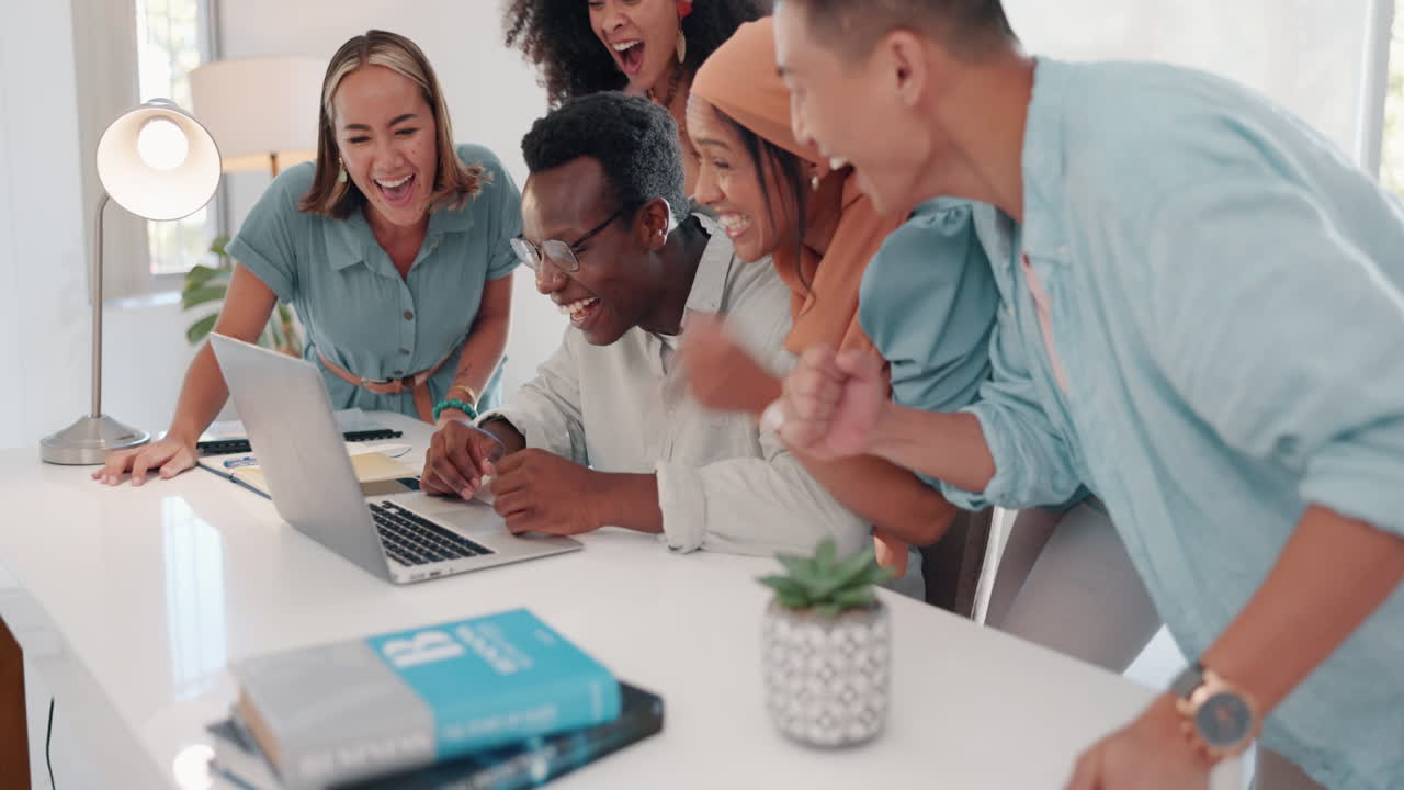 Winner, teamwork and business people with laptop