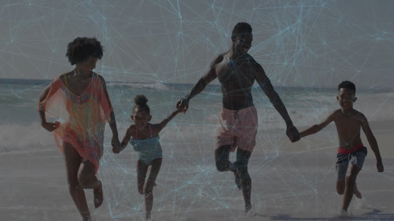 Family running along wet beach shoreline, with animated heart icon and fitness data overlay