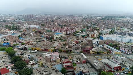 drone-view-over-Lima-Peru,-high-buildings-and-ocean-on-the-background