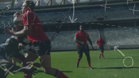 animación de tácticas y plan de juego sobre dos equipos de rugby multiétnicos que juegan rugby
