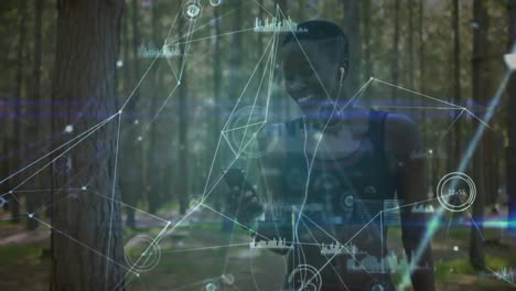 animación de una red de conexiones sobre mujeres usando teléfonos inteligentes haciendo ejercicio en el bosque