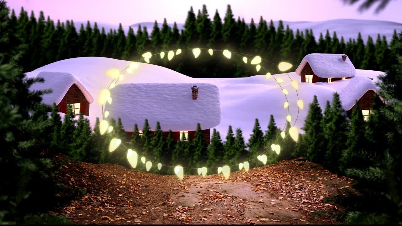 Animation of fairy light frame with copy space over fir trees and winter scenery