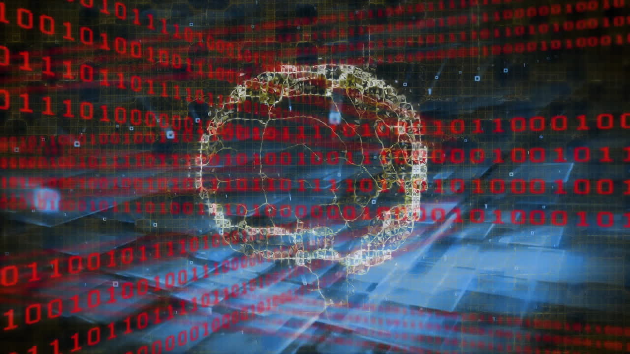 Digital cloud and binary code animation over abstract blue and black background