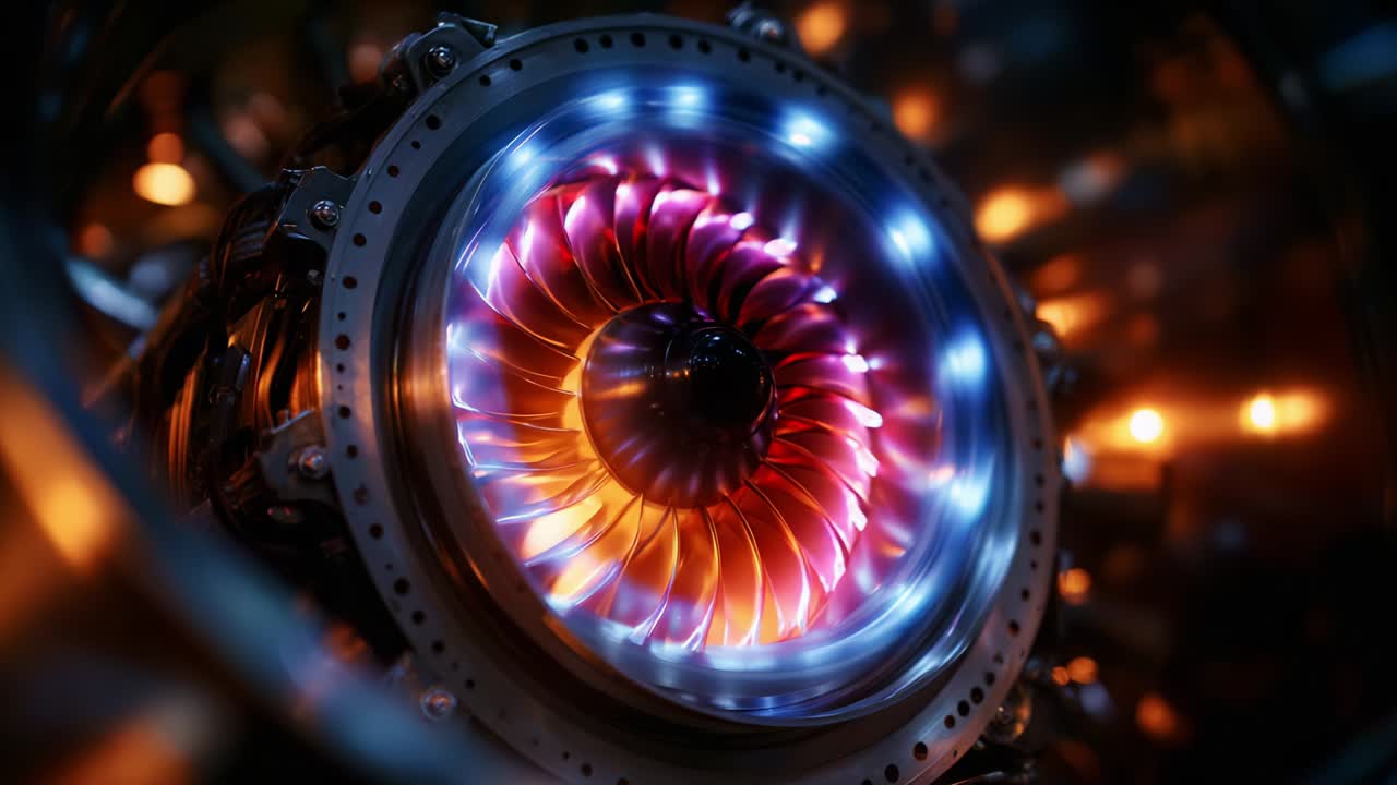 Dynamic Close-Up of a Turbine Engine with Vivid Colors and Advanced Technology Featuring a Spinning Fan Blade, Creating a Mesmerizing Visual Experience in the World of Aerospace Engineering and Innovation