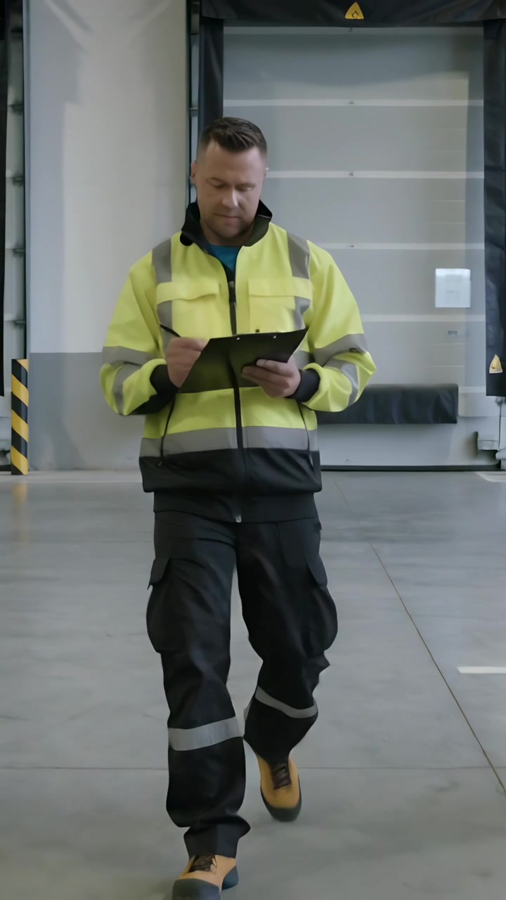 Video verticale: Uomo con giacca ad alta visibilità che inizia il turno, cammina nel porto controllando un blocco appunti.