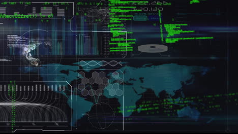 animación de la interfaz con el escáner, el mapa del mundo y los datos de procesamiento verde