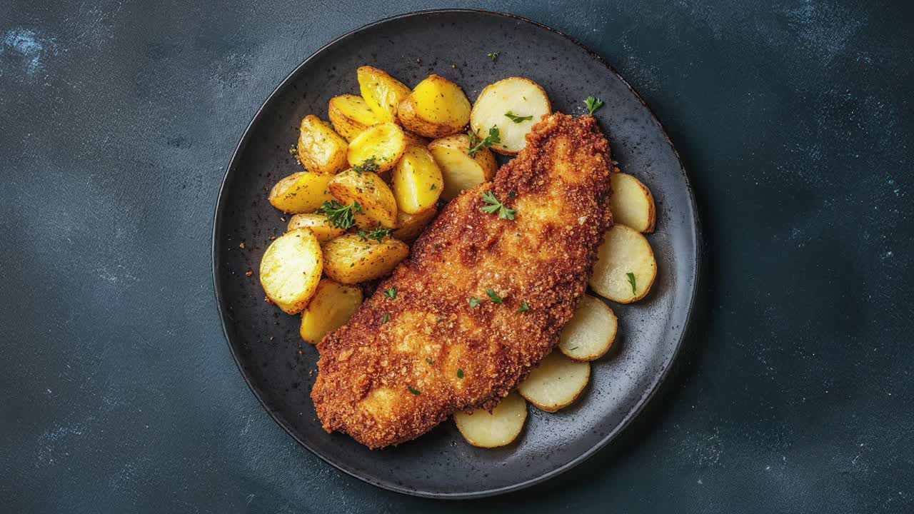 pescado en pan con cuñas de patata