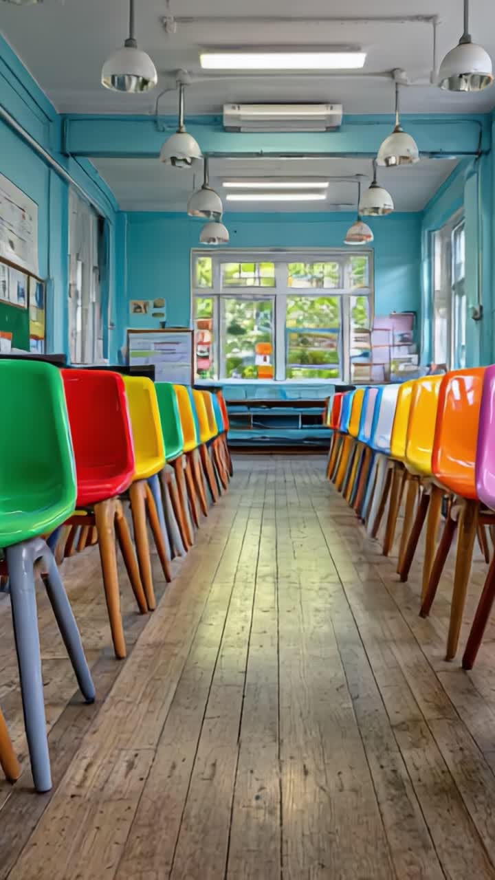 Cena de sala de aula vibrante destacando cadeiras coloridas em um ambiente educacional convidativo com luz natural e piso de madeira