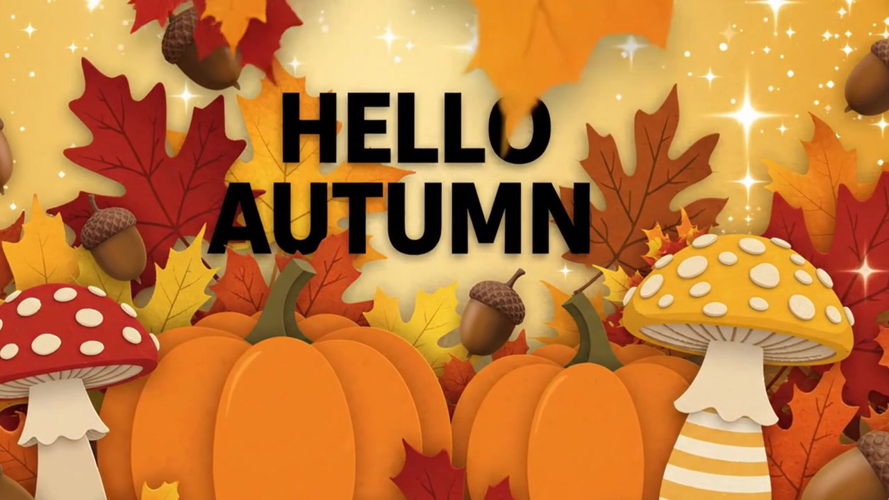 Hello autumn seasonal greeting animation with pumpkins