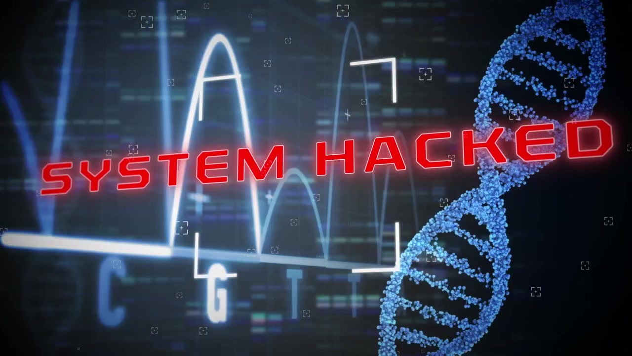 Digital DNA-streng animasjon med overlegg som advarer om hacket system
