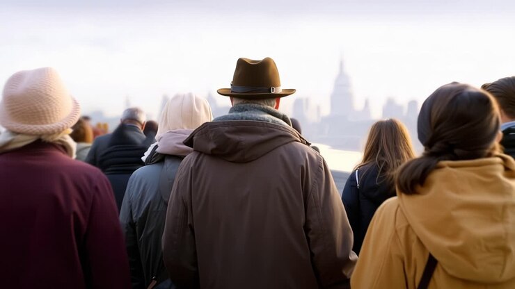 Movimento sfocato cattura una folla che cammina verso un punto di riferimento distante. Un gruppo eterogeneo avanza, unito da uno scopo. Una luce soffusa esalta un'atmosfera calma e determinata. Ideale per viaggi urbani, turismo.