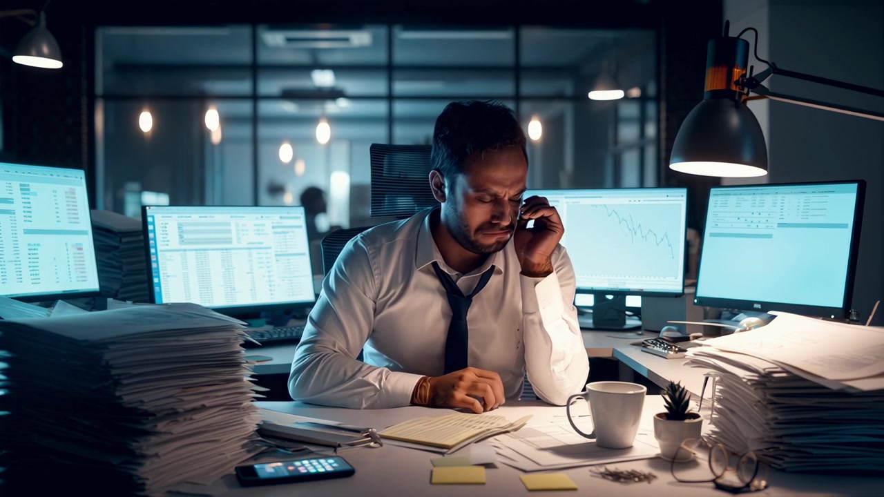 Stressed Businessman Overwhelmed by Work in a Dark Office at Night