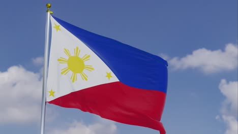 flag of philippines moving in the wind with a clear blue sky in the background, clouds slowly moving, flagpole, slow motion