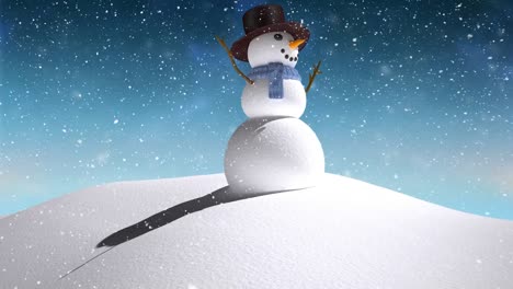 Animation-of-snow-falling-over-smiling-snowman-in-winter-scenery