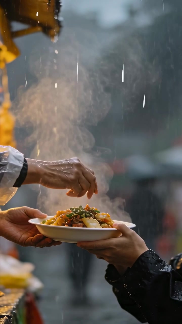 Vertical video: Holding steam bowl, customer in hood getting meal at wet stall, vendor shaking salt