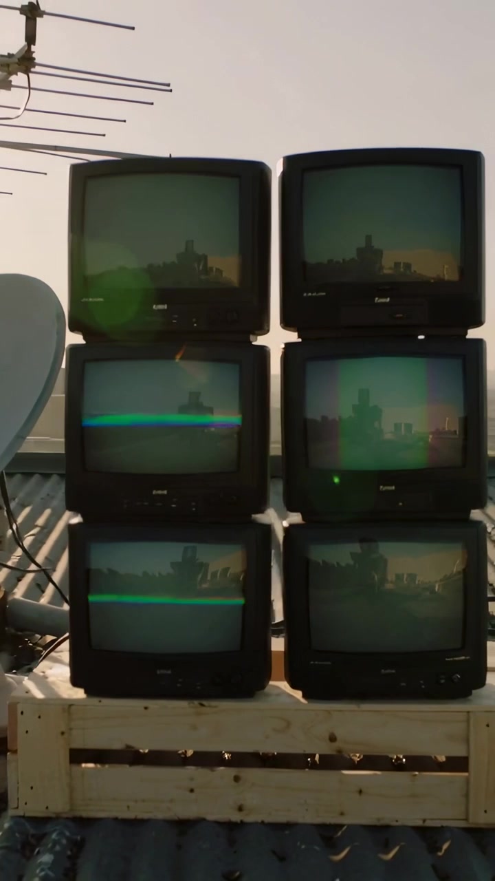 Vertical video: Shifting camera, sun rising, six CRTs on pallet on rooftop mirroring skyline flare