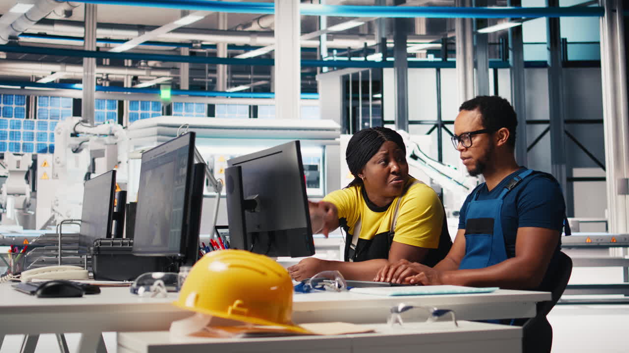 Vertical Video Factory workers team check solar energy system diagnostics on PC
