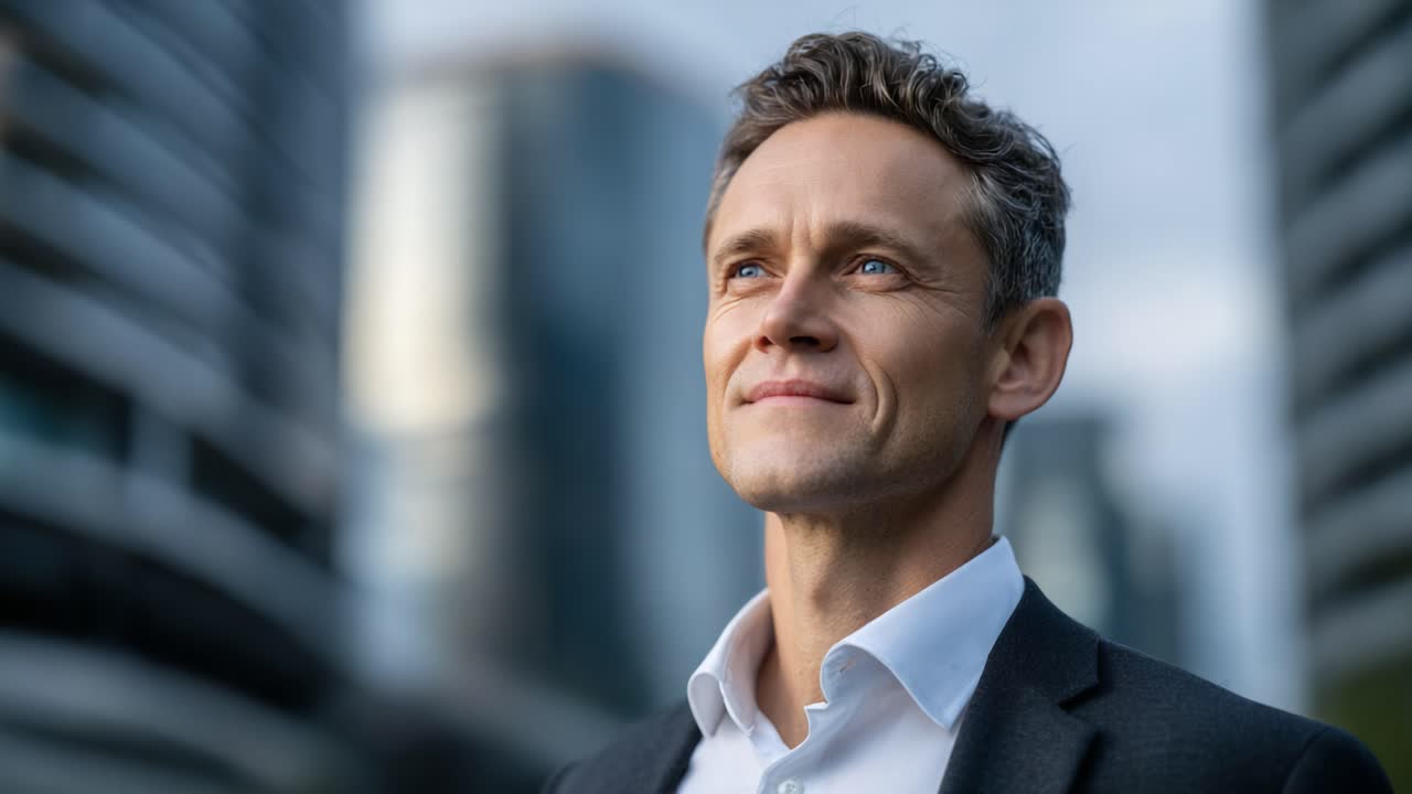 A Professional Man Gazes Upward with Hope and Determination Amidst an Urban Skyline, Embracing the Future with Optimism and Confidence