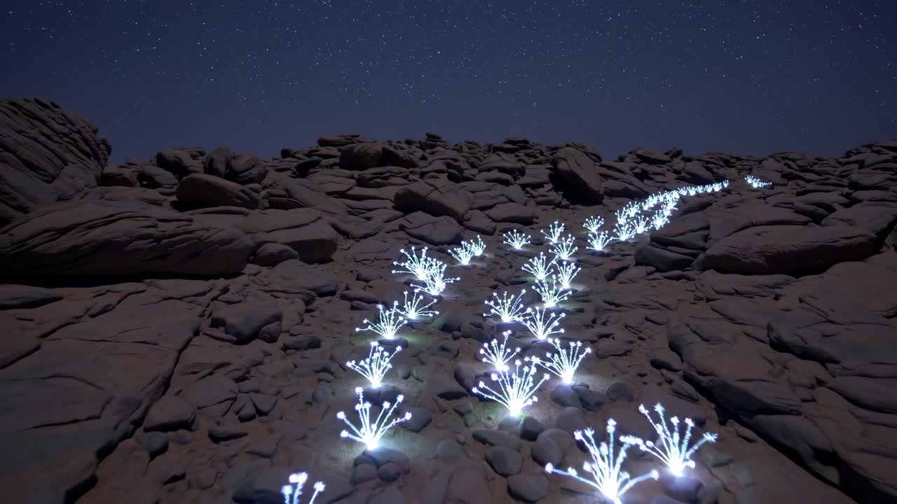 Glowing plants create a luminous path through a rocky desert landscape at night, under a beautiful starry sky, offering a magical and otherworldly scene
