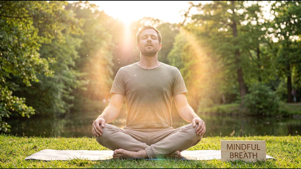 Mindful breathing practice in forest with warm natural sunlight