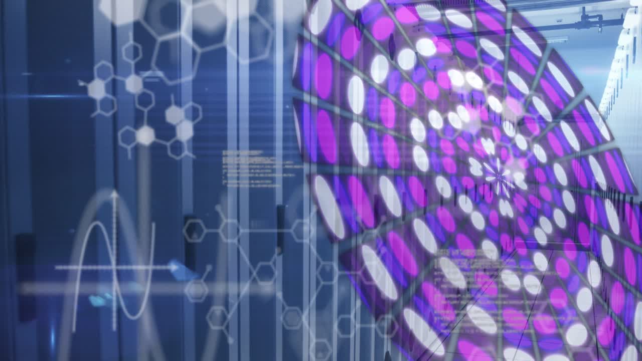 Medical data processing over purple glowing abstract circular shape against computer server room