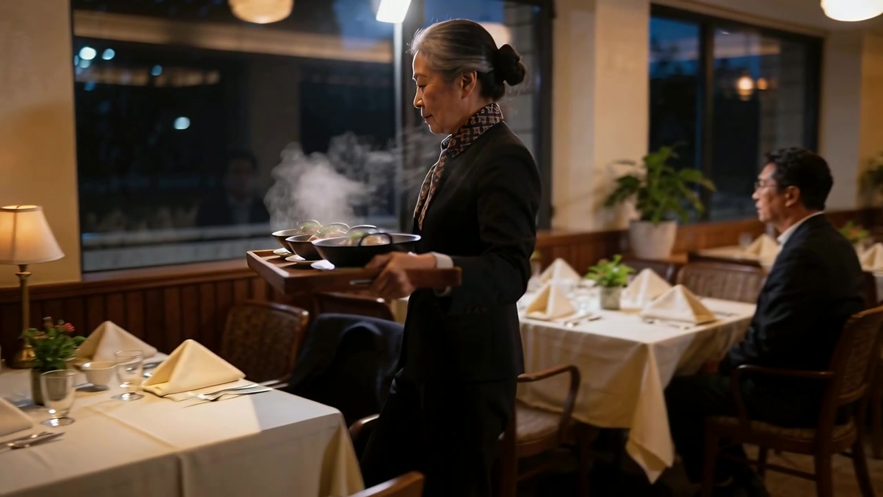 After kitchen call, carrying tray, server in black uniform, scarf walking eatery serving hot bowls